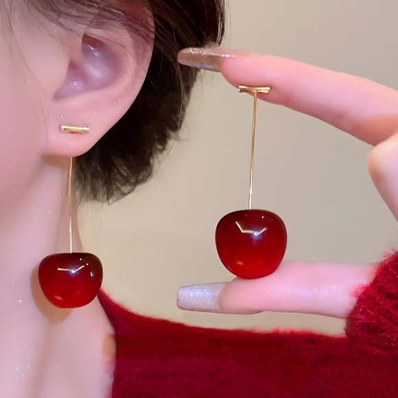 Cherry Red Drop Earrings with Gold Details - Picture 2 of 3